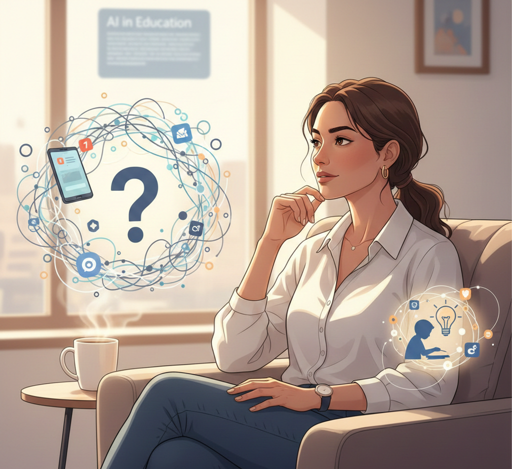 Madre reflexionando sobre IA en educación